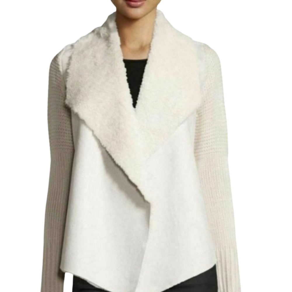 Chelsea & Theodore Cream Sweater Cardigan Faux Fur Shawl Collar Waterfall Hem S